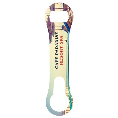 Metal white elite bottle opener full color imprint.