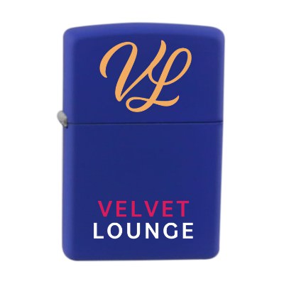 Blue metal lighter with a custom logo.