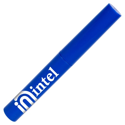 Blue plastic earbud cleaner with a personalzied logo.
