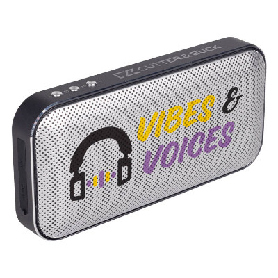 Silver with black aluminum speaker with a personalized logo.