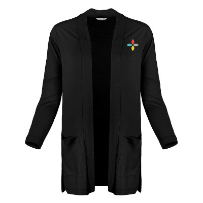 Custom black cardigan with embroidered imprint.