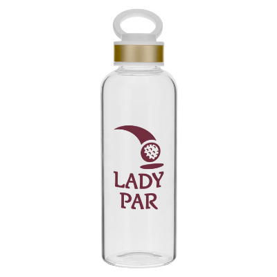 Glass bottle with gold lid and custom logo in 18 oz.
