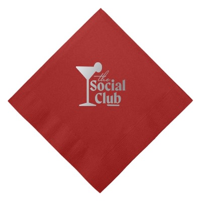3Ply tissue red lunch napkin with diagonal foil stamp custom branding.
