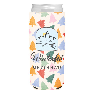 Holiday slim can cooler with custom full color imprint.