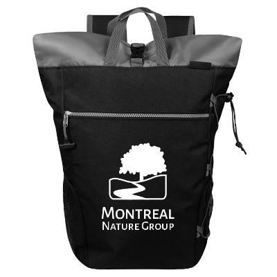 Black polyester cooler with a branded logo.
