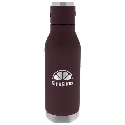 Stainless black sports bottle with speaker and custom engraved logo in 17 oz.