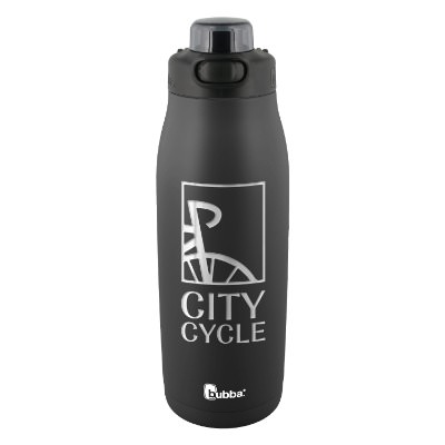 Black sports bottle with custom engraved logo in 32 oz.