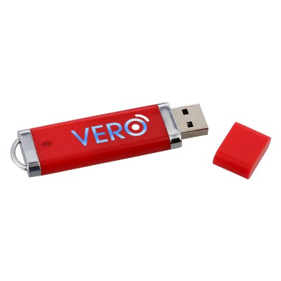 Red aluminum flash drive with a personalized imprint.