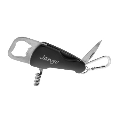 Red wine bottle opener with LED flashlight keychain with custom laser engraved logo.