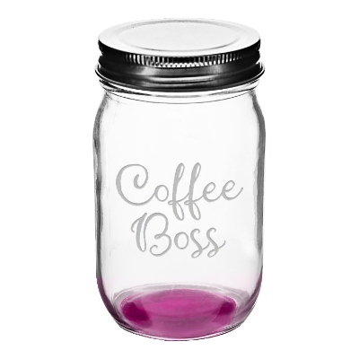 Pink mason jar with engraved logo.