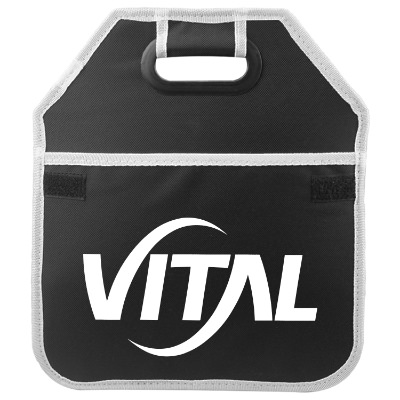 Black polyester trunk organizer with removable cooler with personalized imprint.