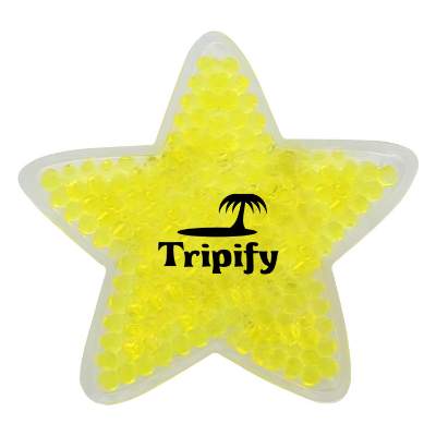 Plastic yellow hot and cold pack with a custom imprint.