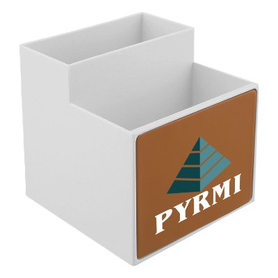 Brown plastic desk caddy with full color logo.
