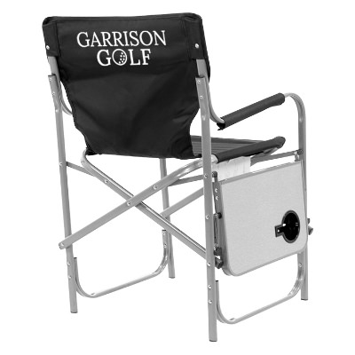 Black polyester chair with a personalized logo.