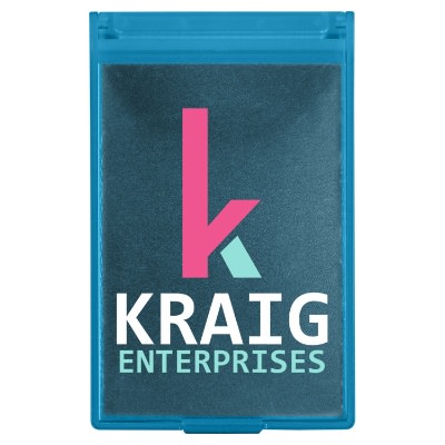 Translucent blue plastic mirror with a personalized logo.
