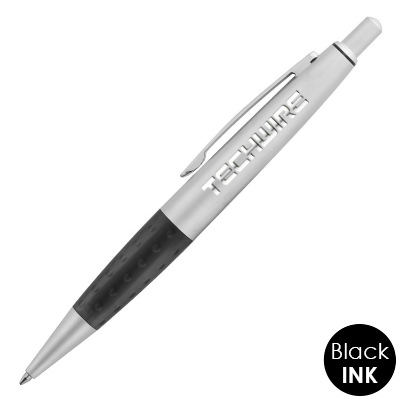 Textured transparent grip pen with custom engraved imprint.