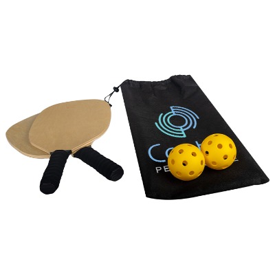 Black plastic pickleball game set with a custom imprint.