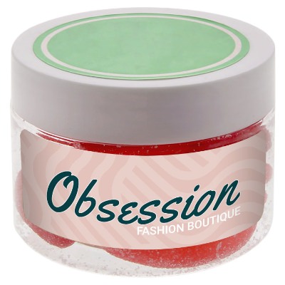 Clear plastic jar with a personalized logo.