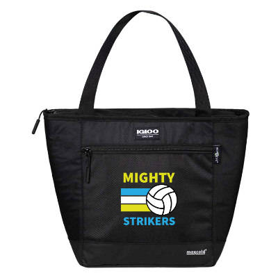 Black polyester cooler with a branded logo.