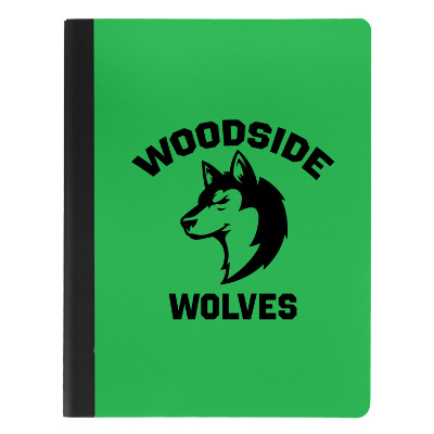Green notebook with custom logo.