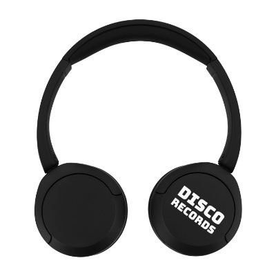 Black plastic headphones with a custom imprint.