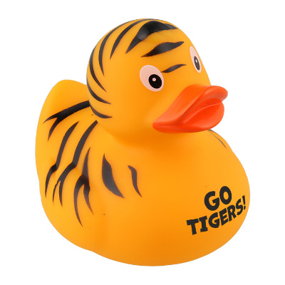 Orange plastic rubber duck with a customized imprint.