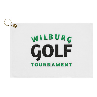 White golf towel with custom embroidered imprint.