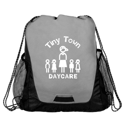 Gray recycled drawstring bag with customized logo.