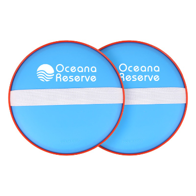 Blue with red plastic catch and throw game with a custom imprint.