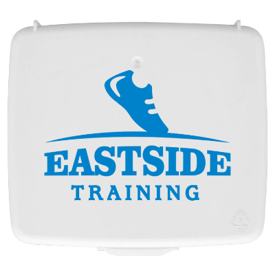 White plastic first aid kit with a personalized imprint.