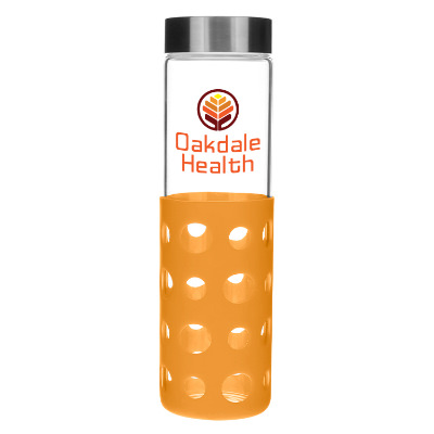 Glass water bottle with orange silicone sleeve and custom full color logo.