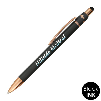 Gunmetal aluminum pen with a branded imprint.