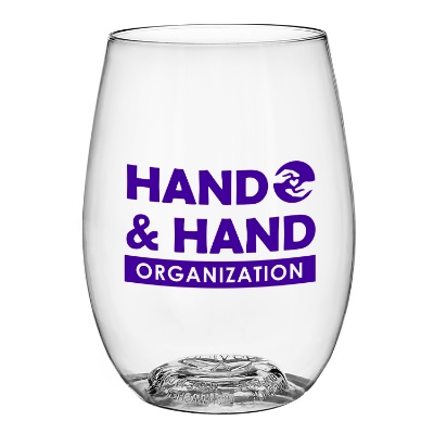Plastic clear wine glass with custom imprint in 16 ounces.