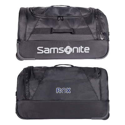Black wheeled duffel with custom embroidered logo.