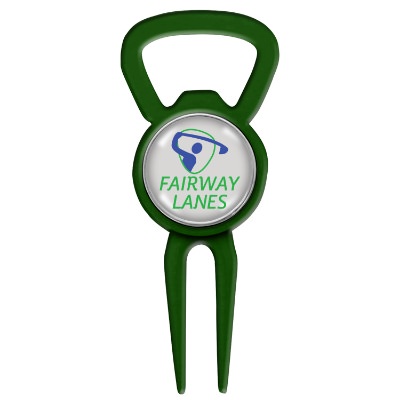 Ball marker bottle opening golf tool with full color custom promotional imprint.