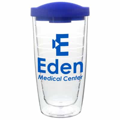 Acrylic clear with blue tumbler with custom imprint in 16 ounces.