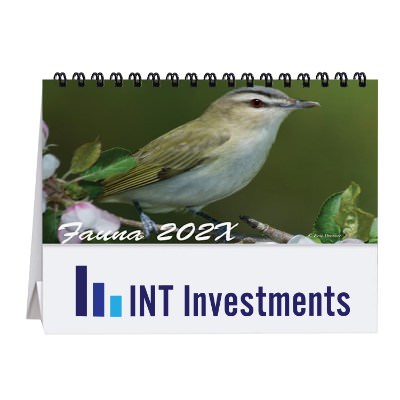 Tent desk calendar with photos of assorted fauna with personalized full color logo.