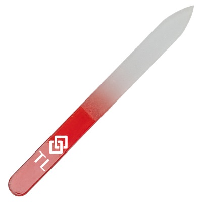 White plastic nail file with a custom logo.