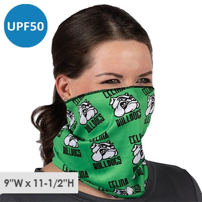 Poleyster microfiber green neck gaiter with full-color school logo.