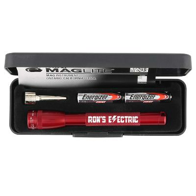 Engraved red aluminum flashlight with a custom imprint.