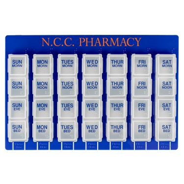 Plastic white pill box with a personalized logo.