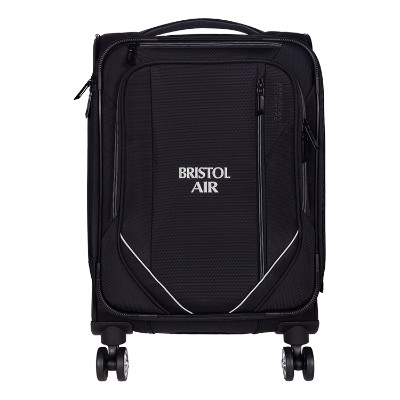 Black carry-on luggage with custom embroidered logo.