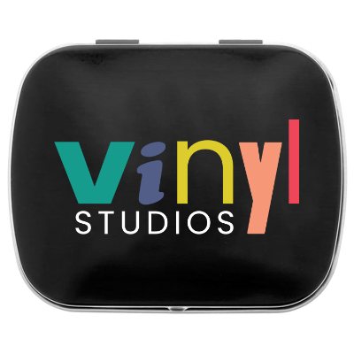 Branded black full color micromints domed tin.