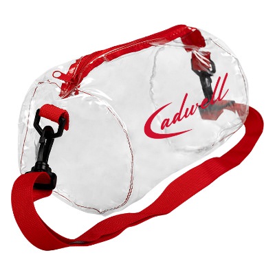 Clear with red barrel bag with custom red imprint.