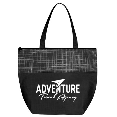 Black polypropylene crosshatch cooler bag with custom imprint.