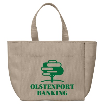 Tan polyester custom sprout tote bag.