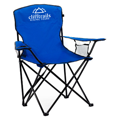 Blue polyester chair with a custom logo.