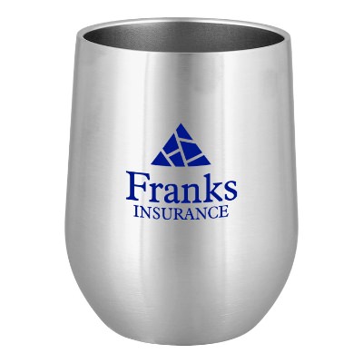 Silver wine tumbler with custom logo.