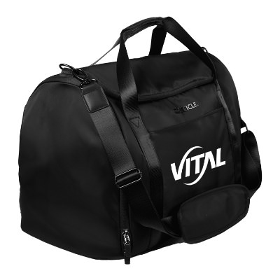 Personalized black duffle bag with white imprint.