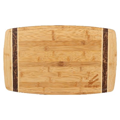 Marbled bamboo cutting board with laser engraved promotional logo.